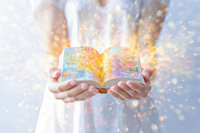 Front View Of A Young Woman Showing A Book In Her Hands With Vibrant Colors And Bokeh Effects Generative AI Illustration