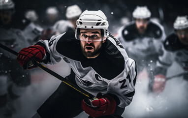 Wall Mural - A dynamic ice hockey player, clad in full gear and holding his stick with a determined expression, charges into action on the rink, exhibiting incredible athleticism and skill.