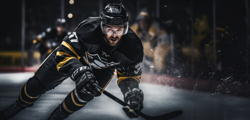 Wall Mural - An agile ice hockey player, fully equipped and focused, skillfully maneuvers with his stick, ready for action on the rink.