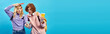 © LIGHTFIELD STUDIOS - shocked teen students with backpacks, notebook and paper cup looking at smartphone on blue, banner