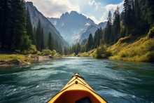 Calm Lake, Water Sport And Person On Kayak Adventure For Summer Travel Trip Canoeing, Kayaking And Using Paddle On River. Exercise, Vacation Or Holiday Enjoying Rafting Or Boat Activity With Mountain