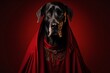 Close-up portrait of a majestic Great Dane adorned with a cape against a deep crimson backdrop