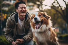 Joy Of A Pet Owner Playing With Their Dog At A Local Park, Highlighting The Role Of Companionship And Affection In Daily Life. Generative Ai.