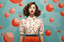 Pretty Woman Model Wearing A Cute Multi-color Polka Dot T-shirt And Red Skirt Fashion Outfit