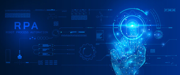 Technology digital hand wireframe pressing on HUD circle robot of RPA platform concept vector. Robotic process automation, artificial intelligence with futuristic pattern illustration background.