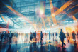 Background of an expo or convention with blurred individuals in an exposition hall. Concept image for a international exhibition, conference center, corporate marketing, or event fair
