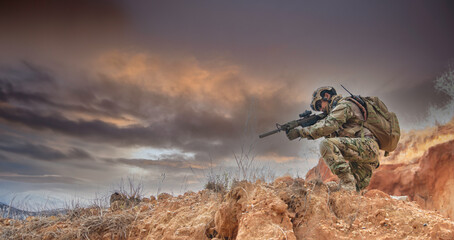 Wall Mural - Soldiers of special forces on wars at the desert,Thailand people,Army soldier Patrolled the front line