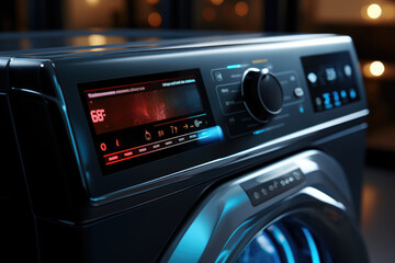A smart washing machine with a digital display indicating the progress of a laundry cycle. Generative Ai.