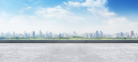 Empty cement floors city  skyline and modern business office buildings with blue cloud sky