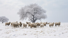 Sheep Grazing Together In Snow