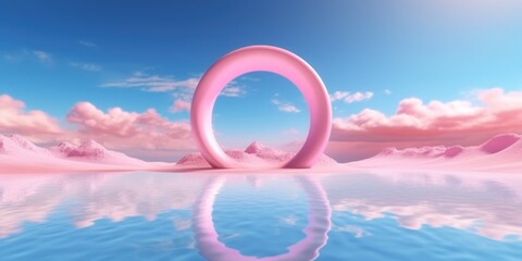 Wall Mural - 3d rendering abstract fantasy background. Surreal fantastic landscape. Blue sky, white fluffy clouds, neon round linear frame, calm water, pink sand dunes. Virtual reality paradise wallpaper