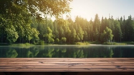  table top with blur background of summer lakes green forest, Advertisement, Print media, Illustration, Banner, for website, copy space, for word, template, presentation