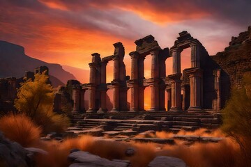 Wall Mural - A rendered picture of an ancient ruin against a fiery sunset sky