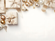 Christmas Presents And Baubles Flatlay Background In White  And Gold Theme
