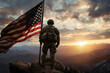© Michael - american soldier holding a flag on the peak of a mountain at sunset