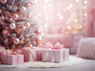 Wall Mural - Pink Christmas tree and presents in living room with white fluffy rug and blurred bokeh lights