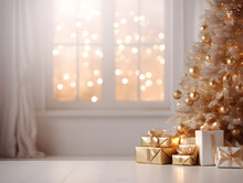 White & Gold Christmas Presents In Living Room With Blurred Window And Bokeh Lights