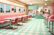 Retro ice cream shop with tiled floor and pastel seats, created using digital technology. Generative AI
