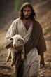 Jesus holding a lamb. The 99 Righteous as the Faithful. treacherous terrain. Long haired man.