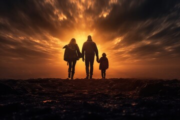 a family silhouette walking towards a vibrant sunset sky. christian family concept. 