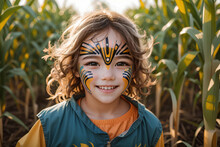 A Child With A Painted Face Navigating A Corn Maze With Joyful Eyes.