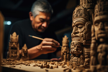 Wall Mural - A close-up of a person's hand carving detailed totem pole figures, each representing a tribal story. Generative Ai.