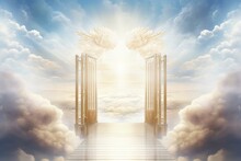 Illustration: Heavenly Gate And Divine Light Shining Through Gap In Sea Of Clouds Beyond Falling White. Generative AI
