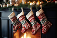 Christmas Stockings Hanging Over A Cosy Fireplace On Christmas Eve