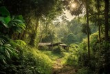 Fototapeta Las - Lush forest, green trees, Mawlynnong, Meghalaya, India. Beautiful village with cleanliness. Limited sunlight filters through the jungle. Generative AI