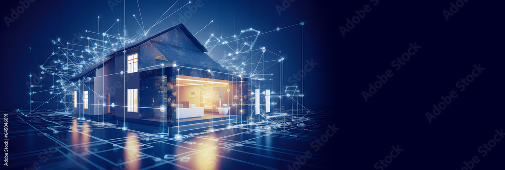 Banner Smart home technology, blue color. Digits building connected ...