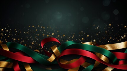 Luxry silky ribbon piles texture background, Christmas green, red and golden ribbon banner, gift idea backgrounds with copy space.