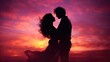 © DigitalParadise - Silhouette of romantic couple at sunset, happy anniversary wallpaper with copy space for text