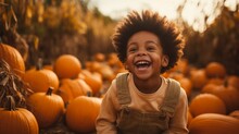 Happy Little Girl In A Pumpkin Patch In Autumn, Halloween Season Events, With Copy Space.