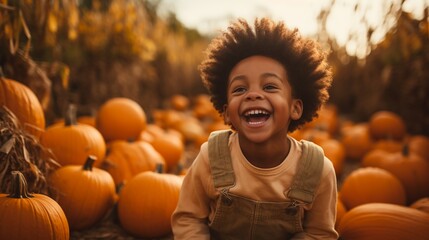 happy little girl in a pumpkin patch in autumn, halloween season events, with copy space.