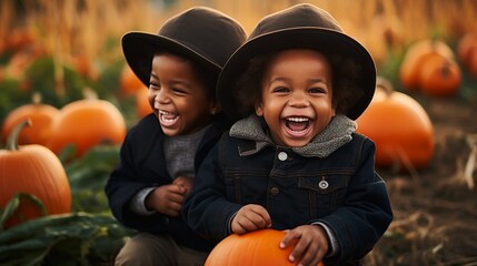 happy little african american brothers in a pumpkin patch in autumn, halloween season events, with c