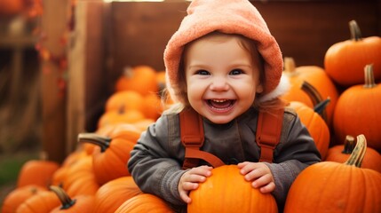 happy little girl in a pumpkin patch in autumn, halloween season events, with copy space.