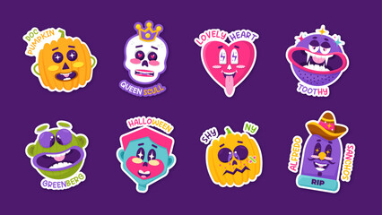 Set of 8 Cartoon Halloween Stickers in bright colors. 2 pimpkins, heart, zombie, skull, gravestone, vampire and other funny scary characters.