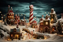 A Magical Scene Resembling A Charlie Brown Christmas Special, With A Gingerbread Village And A Candy Cane-striped Lighthouse. Generative AI