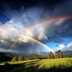  A rainbow arching across the sky after a passing rainstorm, with fluffy clouds as a backdrop. 
