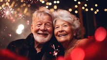Happy And Smiling Elderly Couple In Love Celebrates New Years Eve. Generative AI