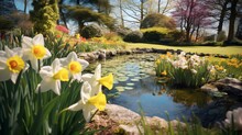 A Serene Garden Pond Surrounded By Triandrus Daffodils In Varying Shades, Creating A Vibrant And Harmonious Waterscape