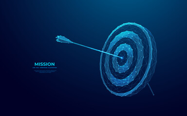 Poster - Abstract digital target with an arrow in the center. Growth strategy or financial goal concept. Futuristic low poly wireframe vector illustration on blue technology modern background. The bull's eye.