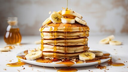 Poster -  a stack of pancakes with syrup and bananas on a plate.  generative ai