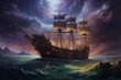 An oil painting of a pirate ship flying over a starry sky, depicting a dreamlike fairy tale scene reminiscent of Peter Pan. Generative AI
