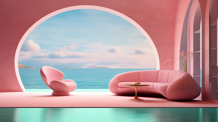 Poster - 3d scenography of a room with an ocean view, in the style of pink and aquamarine, surrealist abstract landscapes, rounded forms, soft, romantic landscapes, deco-pop