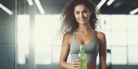 Beautiful young woman in yoga tank holding a bottle of water or drink isolated on blurred bright gym background, fit and sport concept banner with copy space.