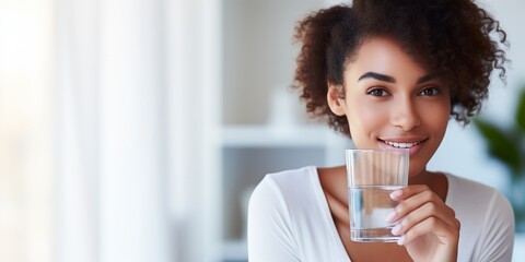 A beautiful young African American woman in white shirt is drinking a glass cup of water in the morning, on blurred white modern home background, healthy life style concept, with copy space.