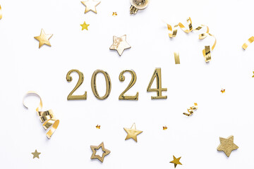 Wall Mural - New Year 2024 banner with festive golden decorations on white background top view.