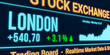 London, stock market moving up. Positive stock exchange data, rising chart on the screen. Green percentage sign, profit and investment. 3D illustration