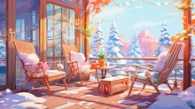 A Porch With Two Chairs And A Table Covered In Snow
